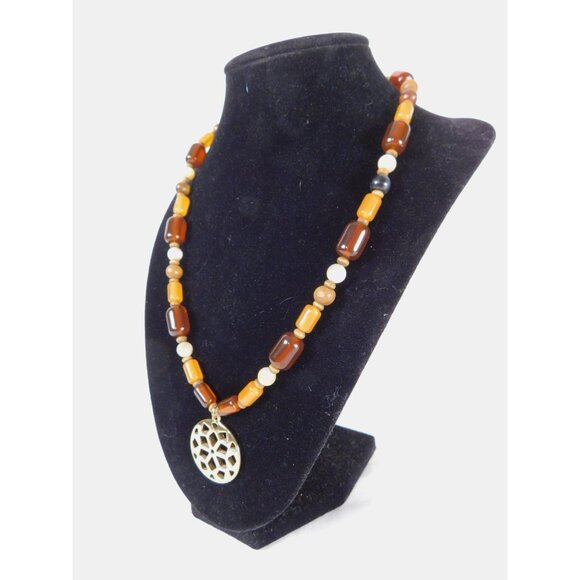 Vintage Beaded Pendant Necklace Boho Geometric Gold Tone Adjustable Statement Je - Picture 2 of 6